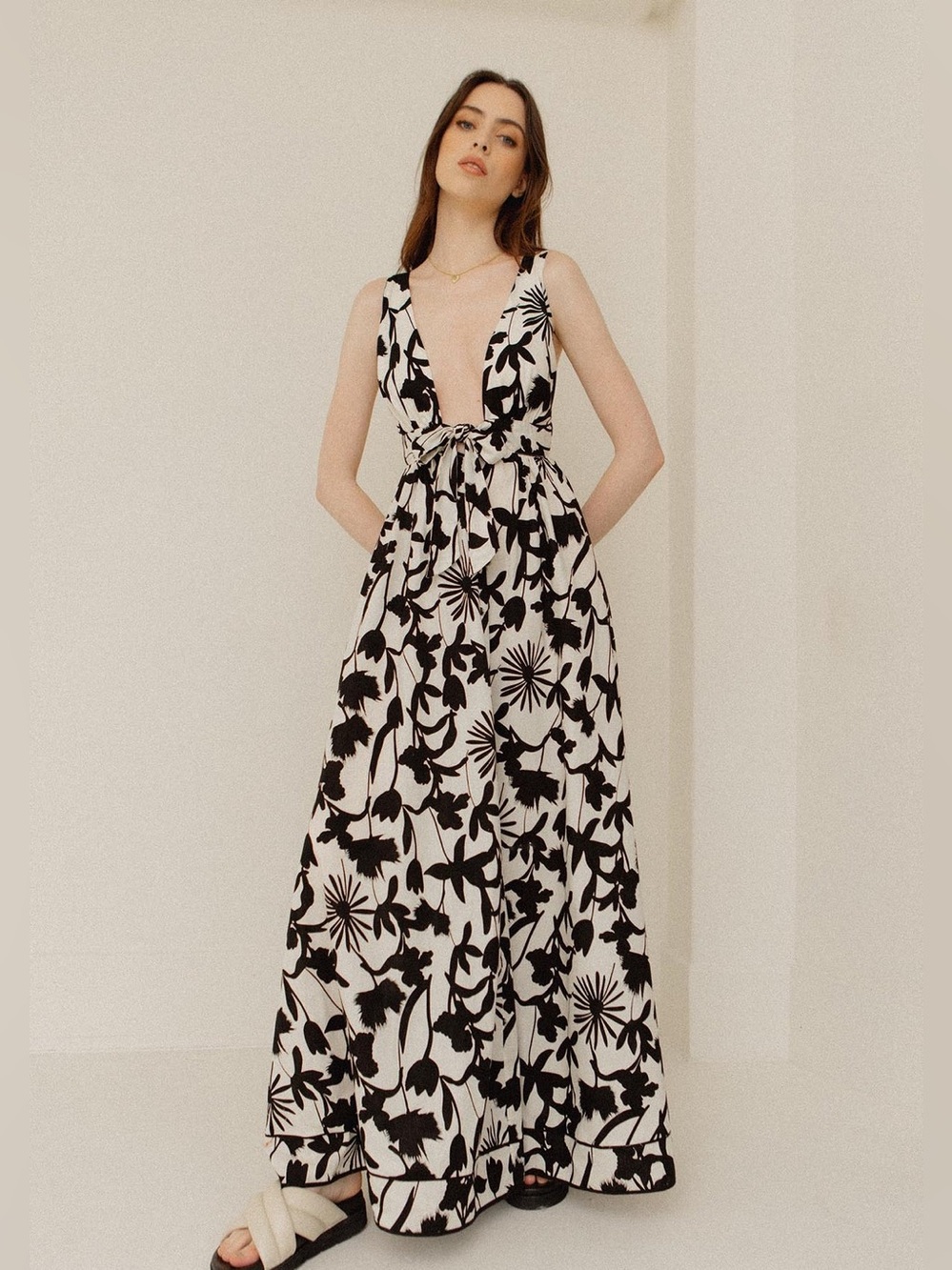 Aakaa Black & White Floral Plunge Tie-Front Maxi Dress